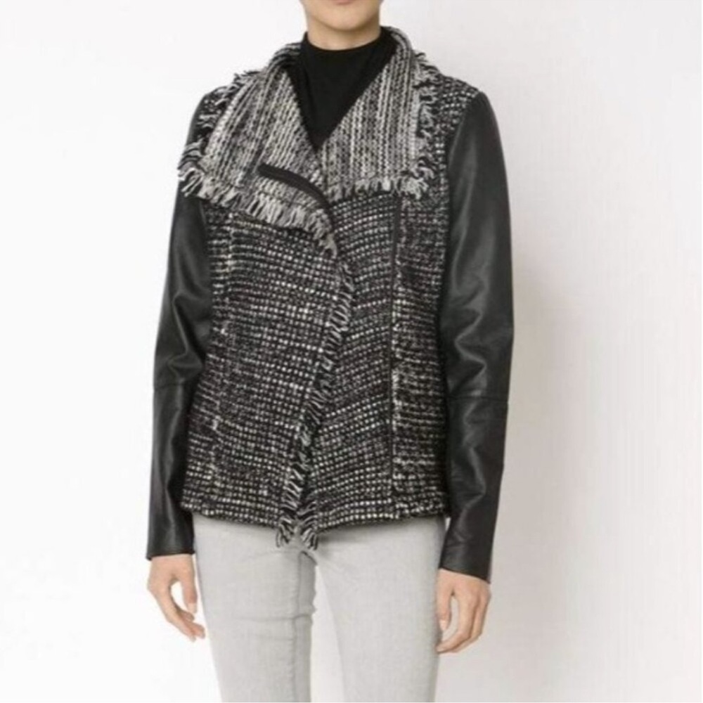 Vince Women’s tweed moto jacket wool + lamb leather fringe zip EUC